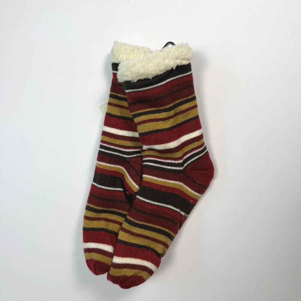 Muk Luks Cozy Cabin Women Slipper Socks Red Striped Faux Shearling Lining L/XL
